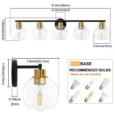 POWLIG 38.98" 5-Light Dimmable Bathroom Vanity Light - Black&Gold Finish with Clear Glass Shades