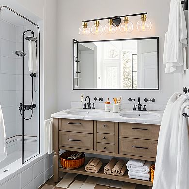 POWLIG 38.98" 5-Light Dimmable Bathroom Vanity Light - Black&Gold Finish with Clear Glass Shades