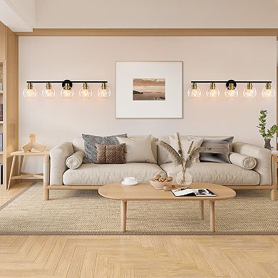 POWLIG 38.98" 5-Light Dimmable Bathroom Vanity Light - Black&Gold Finish with Clear Glass Shades