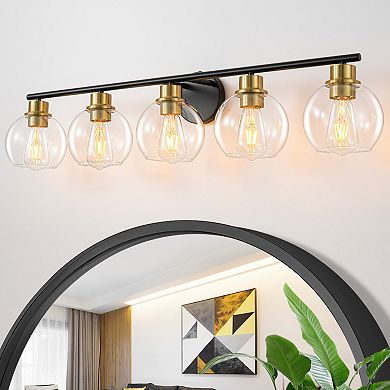 POWLIG 38.98" 5-Light Dimmable Bathroom Vanity Light - Black&Gold Finish with Clear Glass Shades
