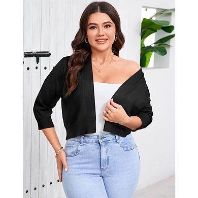Women Plus Size Shrugs 3/4 Sleeve Cropped Cardigan Knit Sweaters Open Front Bolero