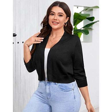 Women Plus Size Shrugs 3/4 Sleeve Cropped Cardigan Knit Sweaters Open Front Bolero