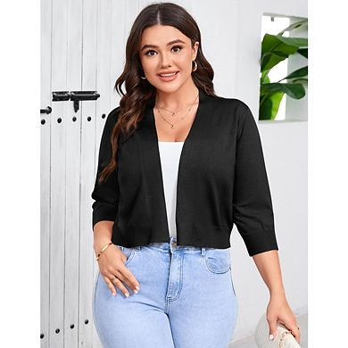 Women Plus Size Shrugs 3/4 Sleeve Cropped Cardigan Knit Sweaters Open Front Bolero