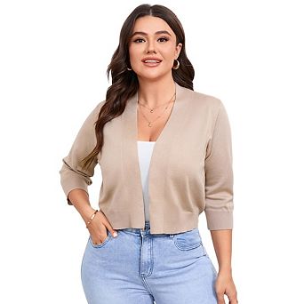 Women Plus Size Shrugs 3/4 Sleeve Cropped Cardigan Knit Sweaters Open Front Bolero