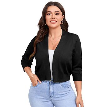 Women Plus Size Shrugs 3/4 Sleeve Cropped Cardigan Knit Sweaters Open Front Bolero