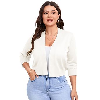 Women Plus Size Shrugs 3/4 Sleeve Cropped Cardigan Knit Sweaters Open Front Bolero