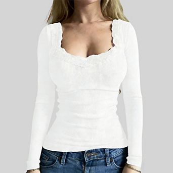 Women's Lace Trim Square Neck Long Sleeve Top Ribbed Knit Low Back Slim Fit Blouse