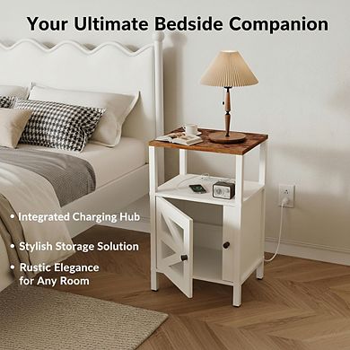ZUQIETA Farmhouse Nightstand with Charging Station, USB Ports & Storage, White