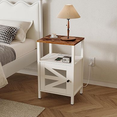 ZUQIETA Farmhouse Nightstand with Charging Station, USB Ports & Storage, White