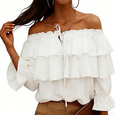 Women's Off Shoulder Ruffle Blouse 3/4 Bell Sleeve Tie Front Casual Top