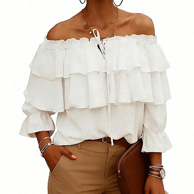 Women's Off Shoulder Ruffle Blouse 3/4 Bell Sleeve Tie Front Casual Top