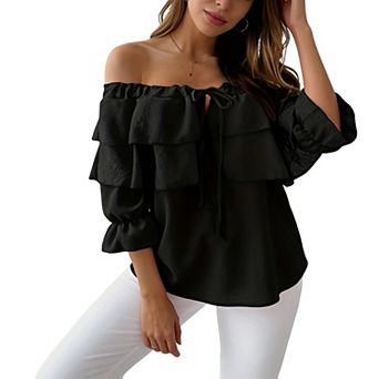 Women's Off Shoulder Ruffle Blouse 3/4 Bell Sleeve Tie Front Casual Top