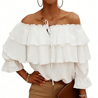 Women's Off Shoulder Ruffle Blouse 3/4 Bell Sleeve Tie Front Casual Top