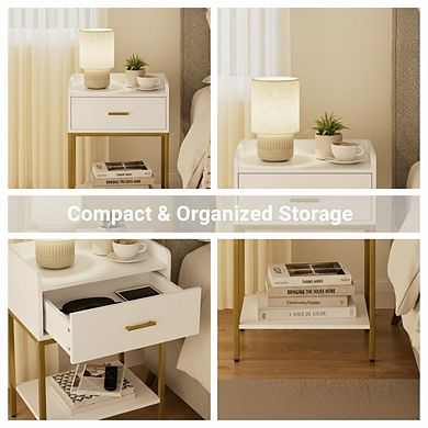 ZUQIETA 3-Tier Nightstand with Storage Drawer & Shelf, Modern White End Table for Bedroom