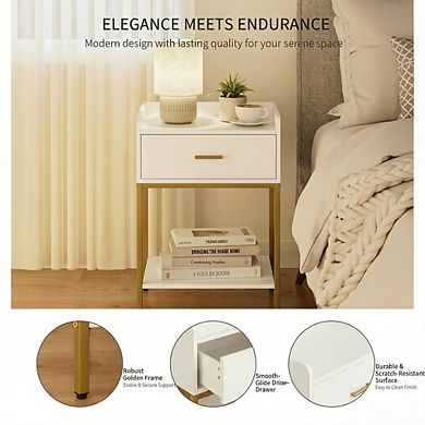 ZUQIETA 3-Tier Nightstand with Storage Drawer & Shelf, Modern White End Table for Bedroom