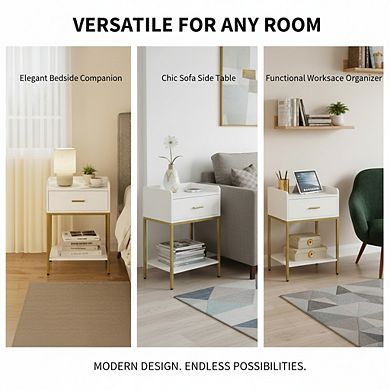 ZUQIETA 3-Tier Nightstand with Storage Drawer & Shelf, Modern White End Table for Bedroom