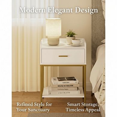 ZUQIETA 3-Tier Nightstand with Storage Drawer & Shelf, Modern White End Table for Bedroom