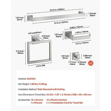 5-Piece Bathroom Hardware Set with Towel Bar and Hooks