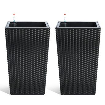 2 pc Tall Planter Large Rattan Flower Pot with 2 Trays & a Water Level Monitor & Wheels for Patio