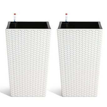 2 pc Tall Planter Large Rattan Flower Pot with 2 Trays & a Water Level Monitor & Wheels for Patio