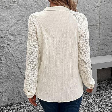 Women's Lace Raglan Sleeve Button Down Blouse V Neck Ribbed Knit Casual Top