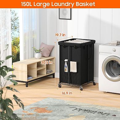 150L Laundry Basket with Wheels, Metal Frame, Removable Oxford Fabric Bag