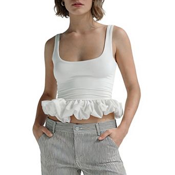 Women's Square Neck Sleeveless Crop Top Ruffle Hem Low Back Slim Fit Blouse