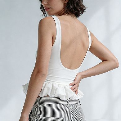 Women's Square Neck Sleeveless Crop Top Ruffle Hem Low Back Slim Fit Blouse