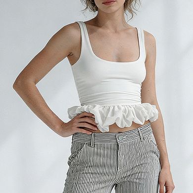 Women's Square Neck Sleeveless Crop Top Ruffle Hem Low Back Slim Fit Blouse