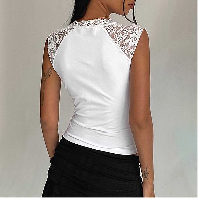 Women's Lace Trim V-Neck Tank Top, Cutout Tie Front Fitted Sleeveless Top