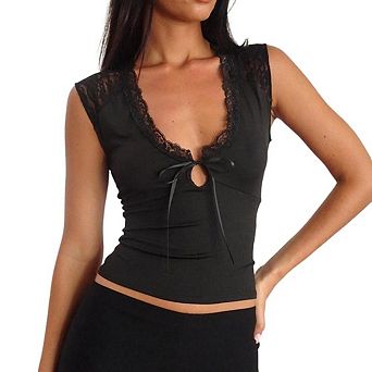 Women's Lace Trim V-Neck Tank Top, Cutout Tie Front Fitted Sleeveless Top