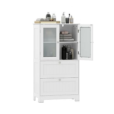 Bathroom Floor Storage Cabinet with Drawers and Frosted Glass Doors