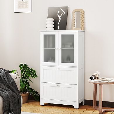Bathroom Floor Storage Cabinet with Drawers and Frosted Glass Doors