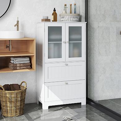 Bathroom Floor Storage Cabinet with Drawers and Frosted Glass Doors