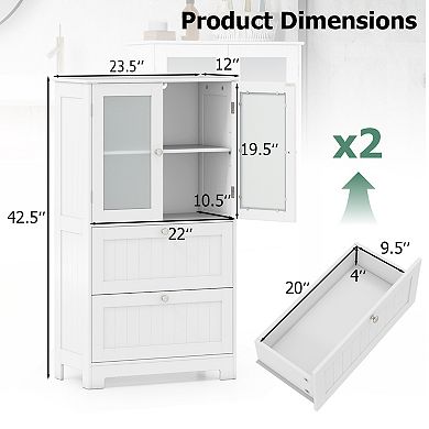 Bathroom Floor Storage Cabinet with Drawers and Frosted Glass Doors