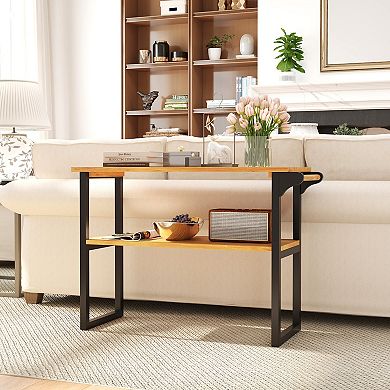 2-Tier Solid Teak Wood Bathroom Shelf with Towel Rack