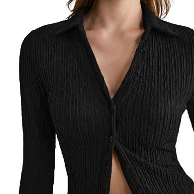 Women's Long Sleeve Polo Neck Button Front Slim Fit Casual Ribbed Knit Top