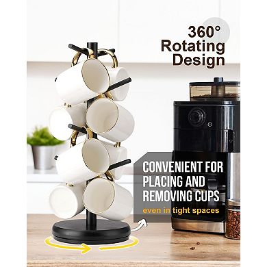 360° Rotating Wooden Coffee Mug Tree 8-Hook Countertop Holder