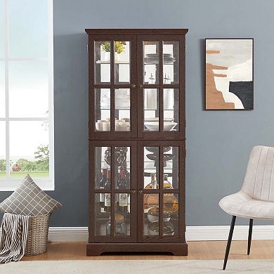 Display Cabinet with Glass Doors Adjustable Shelves E26 Bulb Included