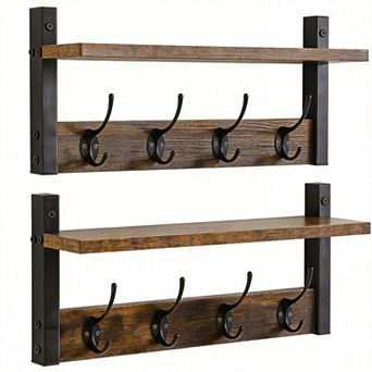 Wall Coat Rack Shelf 8 Hooks Entryway Kitchen 2 pc