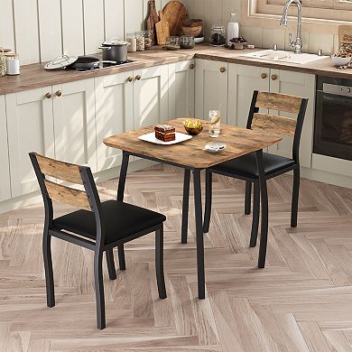 3-Piece Farmhouse Dining Table Set for 2 - Square Compact Design, Metal Frame & 2 Upholstered Chairs