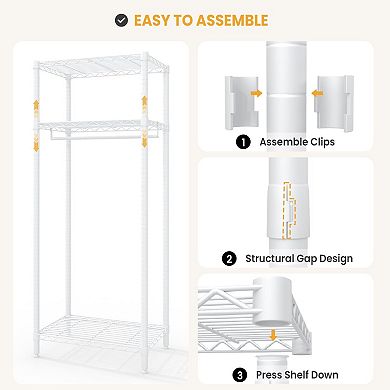 Heavy-Duty 3-Tier Adjustable Clothes Rack with Shelves, Compact Freestanding Wardrobe Organizer