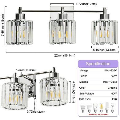 POWLIG 22" 3-Light Gold Vanity Light with Crystal Shades - Modern Dimmable Bathroom Lighting