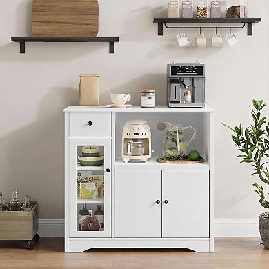 Microwave cabinet, sideboard, storage cabinet. Features 3 doors, 1 drawer, and adjustable shelves. A