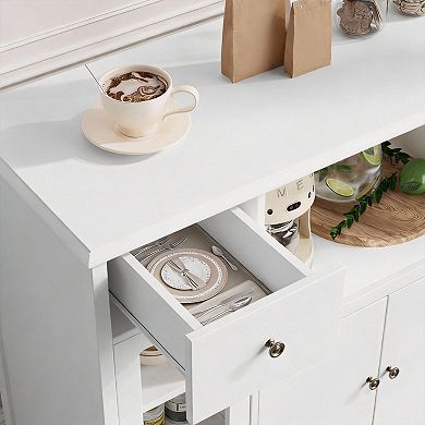 Microwave cabinet, sideboard, storage cabinet. Features 3 doors, 1 drawer, and adjustable shelves. A