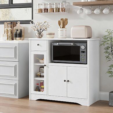 Microwave cabinet, sideboard, storage cabinet. Features 3 doors, 1 drawer, and adjustable shelves. A