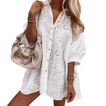 Women's Eyelet Embroidery Button Down Shirt Oversized Puff Sleeve Tunic Blouse Beach Cover Up