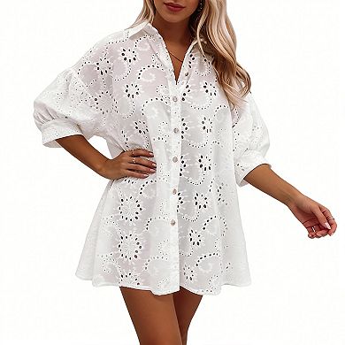 Women's Eyelet Embroidery Button Down Shirt Oversized Puff Sleeve Tunic Blouse Beach Cover Up