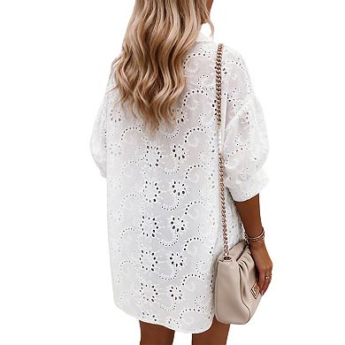 Women's Eyelet Embroidery Button Down Shirt Oversized Puff Sleeve Tunic Blouse Beach Cover Up