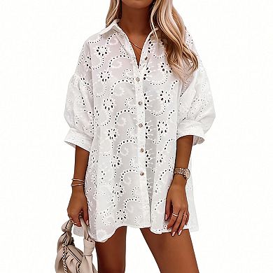 Women's Eyelet Embroidery Button Down Shirt Oversized Puff Sleeve Tunic Blouse Beach Cover Up